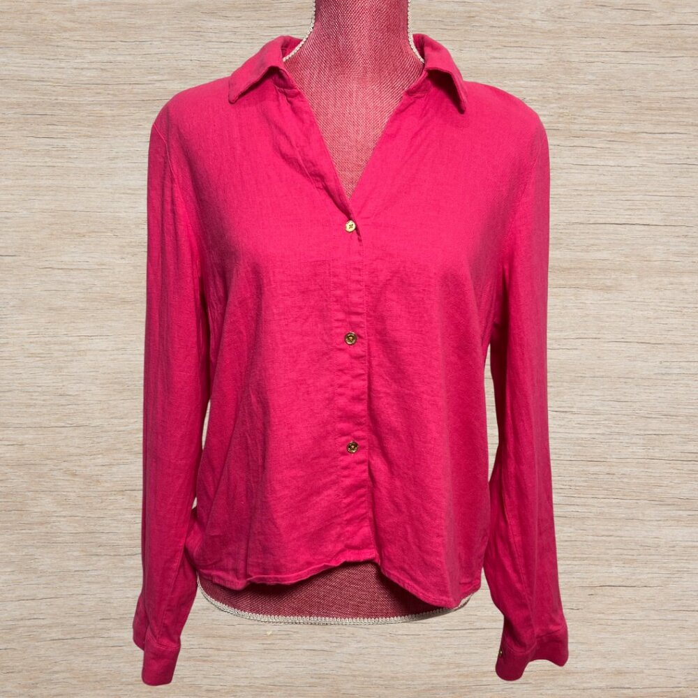 Michael Kors Pink Linen Long Sleeve Button Up Top Blouse Women’s Size L